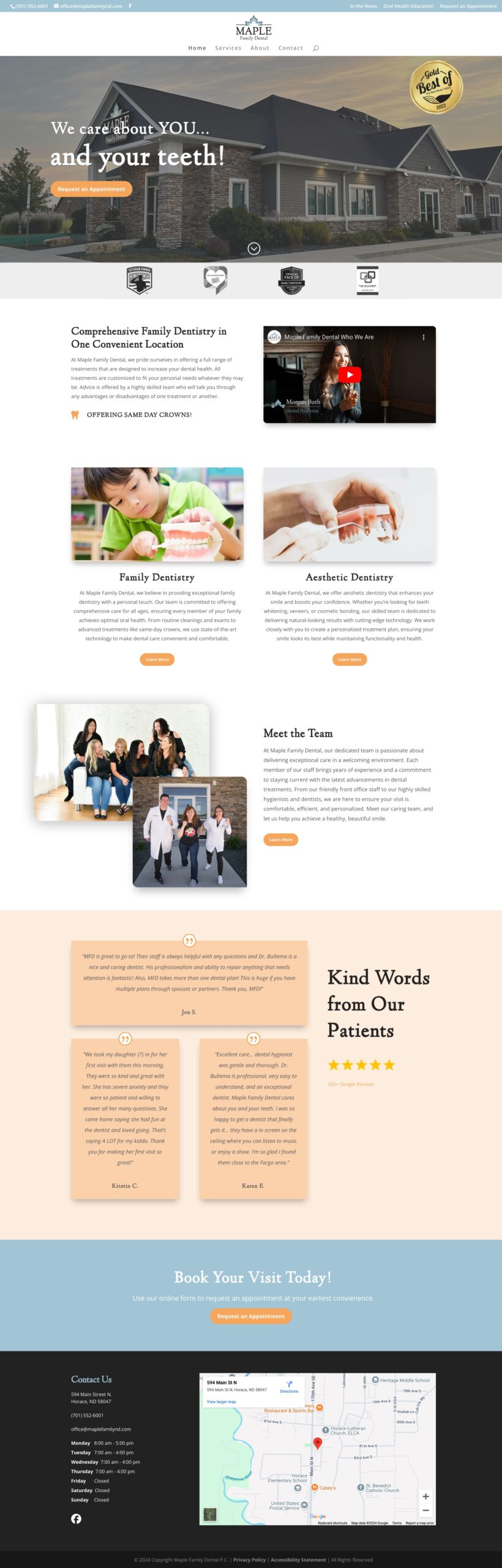 New website for Maple Family Dental showing updated navigation and graphics, as well as SEO and content for better user experience.