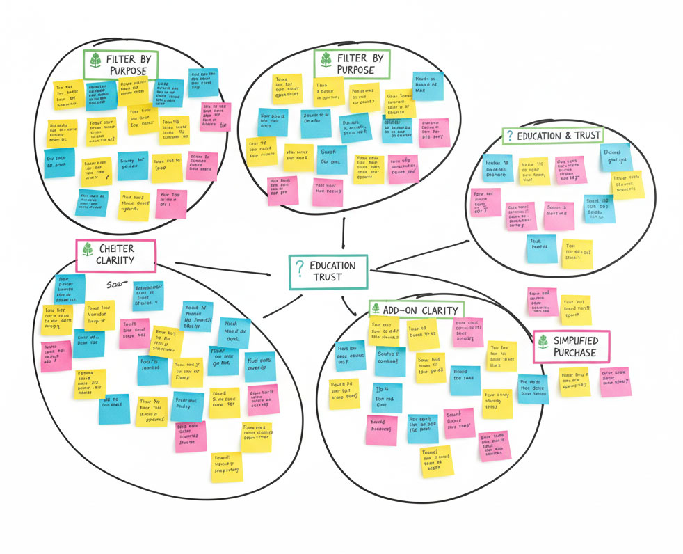 UserMapping_TerraTrees /Card Sort Photo showing the raw research data for TerraTrees Purchasing Portal